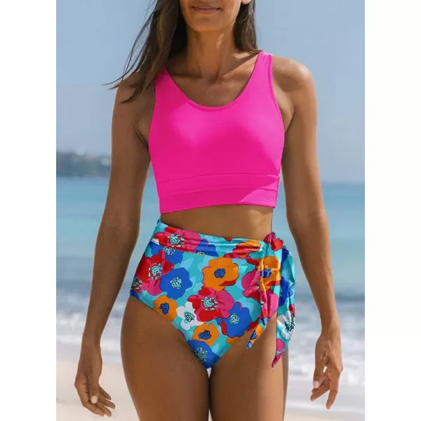 Dokotoo Womens Scoop Neck Racerback High Waisted Bikini Sets Two Piece Swimsuit Floral Print Tummy Control Bathing Suit