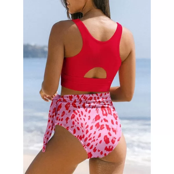 Dokotoo Womens Scoop Neck Racerback High Waisted Bikini Sets Two Piece Swimsuit Floral Print Tummy Control Bathing Suit