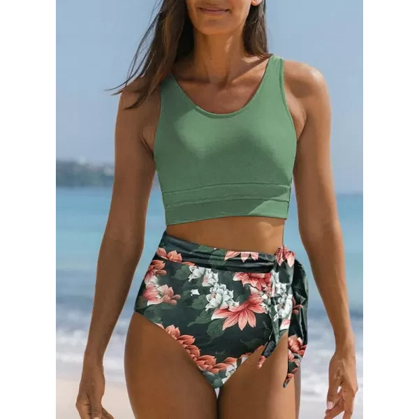 Dokotoo Womens Scoop Neck Racerback High Waisted Bikini Sets Two Piece Swimsuit Floral Print Tummy Control Bathing Suit