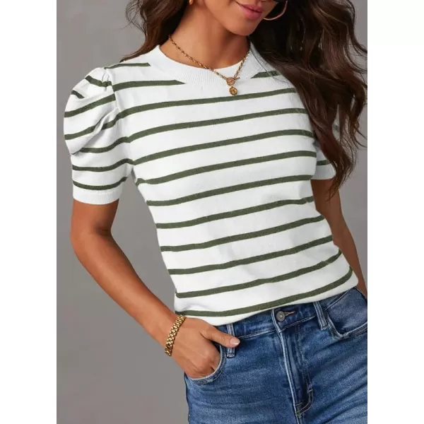 Dokotoo Women's Short Puff Sleeve Knit Tops 2024 Trendy Crewneck Striped T Shirts Casual Summer Blouses