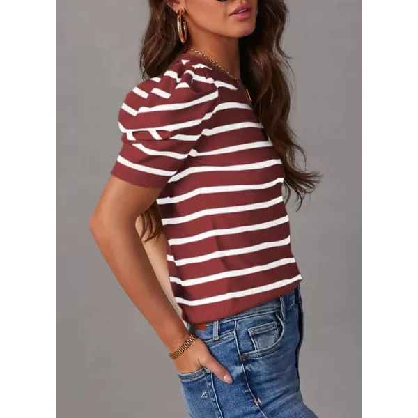 Dokotoo Women's Short Puff Sleeve Knit Tops 2024 Trendy Crewneck Striped T Shirts Casual Summer Blouses
