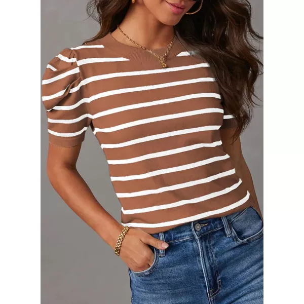 Dokotoo Women's Short Puff Sleeve Knit Tops 2024 Trendy Crewneck Striped T Shirts Casual Summer Blouses