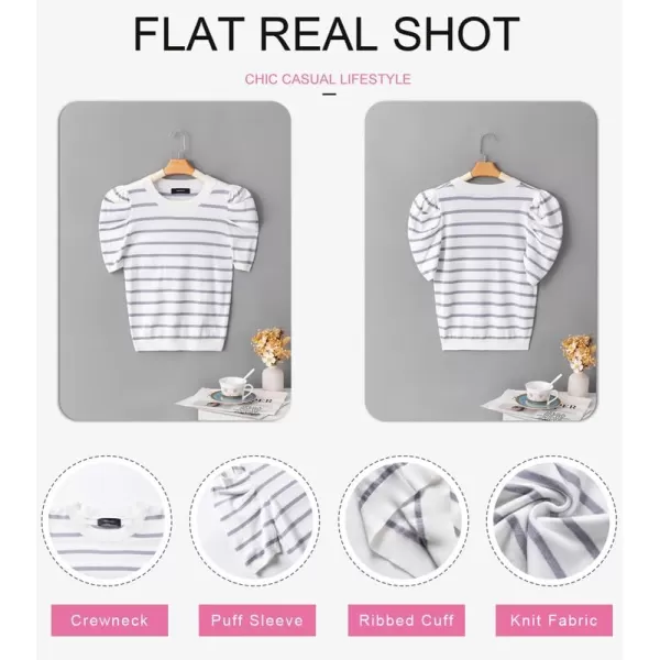 Dokotoo Women's Short Puff Sleeve Knit Tops 2024 Trendy Crewneck Striped T Shirts Casual Summer Blouses