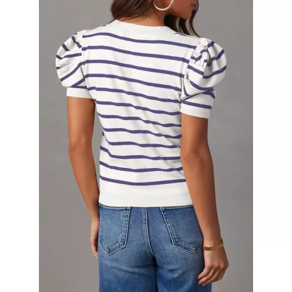 Dokotoo Women's Short Puff Sleeve Knit Tops 2024 Trendy Crewneck Striped T Shirts Casual Summer Blouses