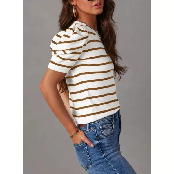 Dokotoo Women's Short Puff Sleeve Knit Tops 2024 Trendy Crewneck Striped T Shirts Casual Summer Blouses
