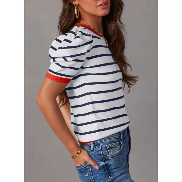 Dokotoo Women's Short Puff Sleeve Knit Tops 2024 Trendy Crewneck Striped T Shirts Casual Summer Blouses