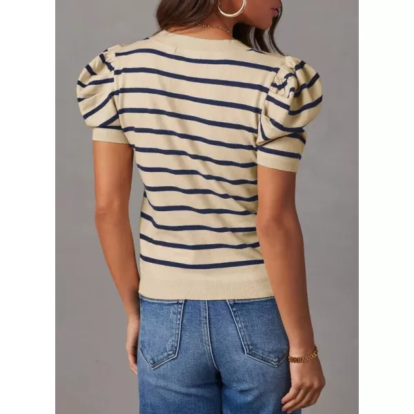 Dokotoo Women's Short Puff Sleeve Knit Tops 2024 Trendy Crewneck Striped T Shirts Casual Summer Blouses