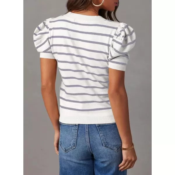 Dokotoo Women's Short Puff Sleeve Knit Tops 2024 Trendy Crewneck Striped T Shirts Casual Summer Blouses