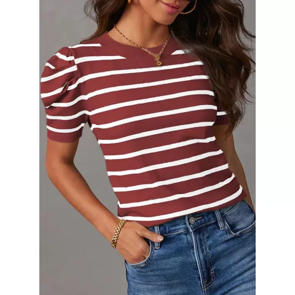 Dokotoo Women's Short Puff Sleeve Knit Tops 2024 Trendy Crewneck Striped T Shirts Casual Summer Blouses