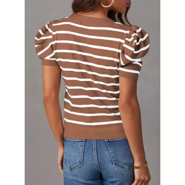 Dokotoo Women's Short Puff Sleeve Knit Tops 2024 Trendy Crewneck Striped T Shirts Casual Summer Blouses