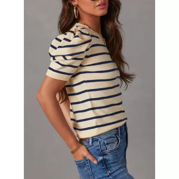 Dokotoo Women's Short Puff Sleeve Knit Tops 2024 Trendy Crewneck Striped T Shirts Casual Summer Blouses