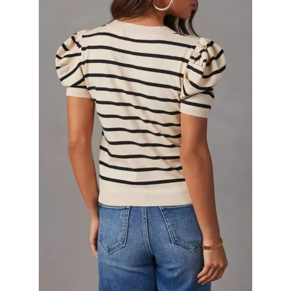 Dokotoo Women's Short Puff Sleeve Knit Tops 2024 Trendy Crewneck Striped T Shirts Casual Summer Blouses