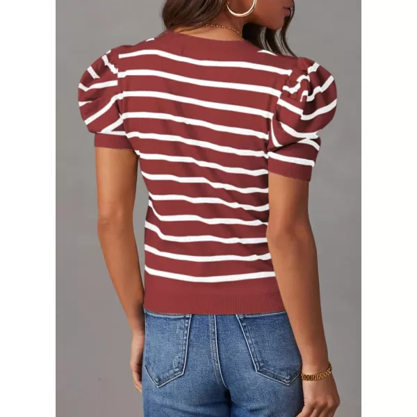 Dokotoo Women's Short Puff Sleeve Knit Tops 2024 Trendy Crewneck Striped T Shirts Casual Summer Blouses