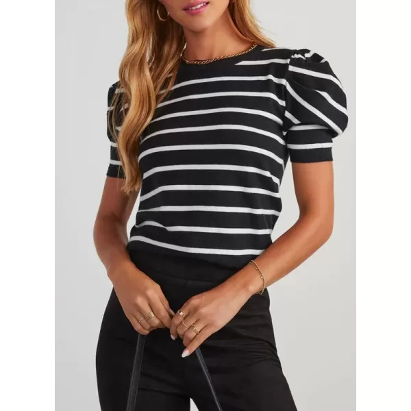Dokotoo Women's Short Puff Sleeve Knit Tops 2024 Trendy Crewneck Striped T Shirts Casual Summer Blouses