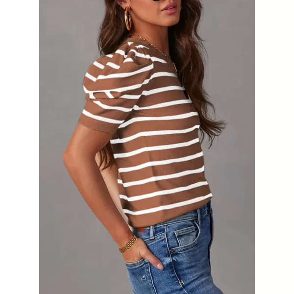 Dokotoo Women's Short Puff Sleeve Knit Tops 2024 Trendy Crewneck Striped T Shirts Casual Summer Blouses