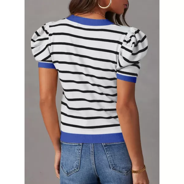 Dokotoo Women's Short Puff Sleeve Knit Tops 2024 Trendy Crewneck Striped T Shirts Casual Summer Blouses