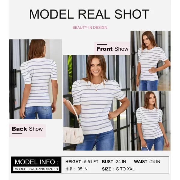 Dokotoo Women's Short Puff Sleeve Knit Tops 2024 Trendy Crewneck Striped T Shirts Casual Summer Blouses