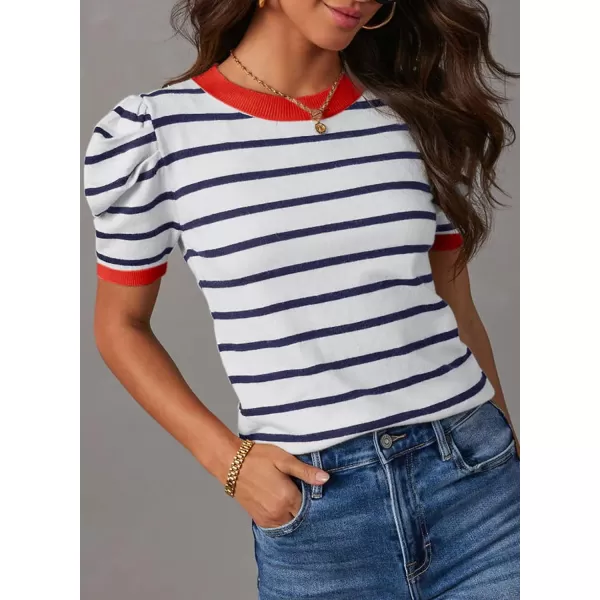Dokotoo Women's Short Puff Sleeve Knit Tops 2024 Trendy Crewneck Striped T Shirts Casual Summer Blouses