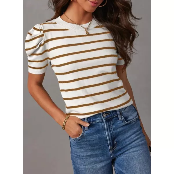 Dokotoo Women's Short Puff Sleeve Knit Tops 2024 Trendy Crewneck Striped T Shirts Casual Summer Blouses