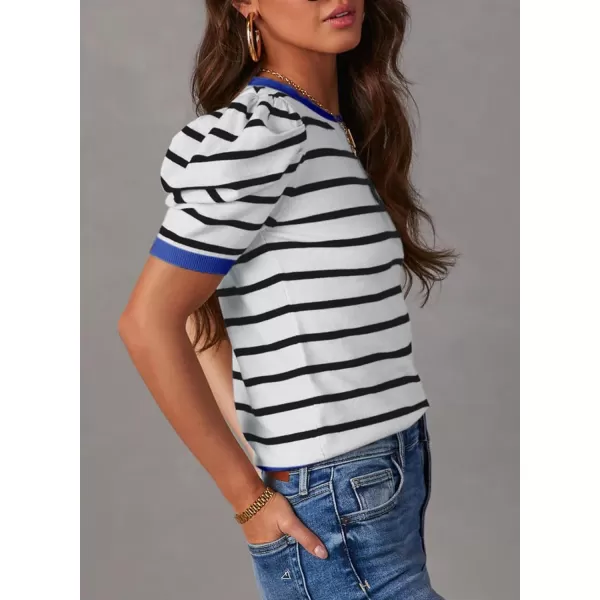 Dokotoo Women's Short Puff Sleeve Knit Tops 2024 Trendy Crewneck Striped T Shirts Casual Summer Blouses