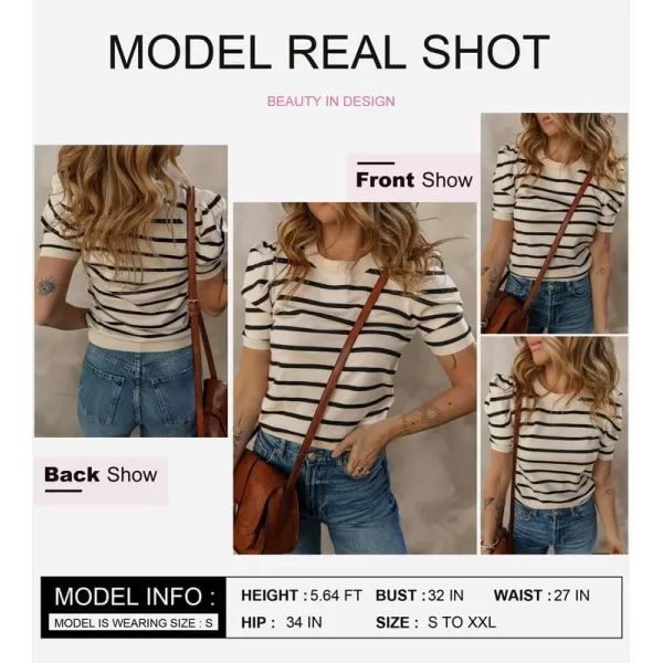 Dokotoo Women's Short Puff Sleeve Knit Tops 2024 Trendy Crewneck Striped T Shirts Casual Summer Blouses