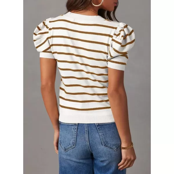 Dokotoo Women's Short Puff Sleeve Knit Tops 2024 Trendy Crewneck Striped T Shirts Casual Summer Blouses