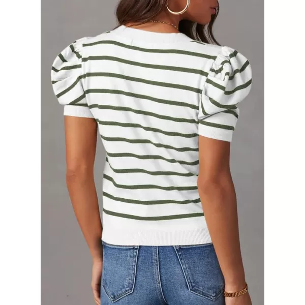 Dokotoo Women's Short Puff Sleeve Knit Tops 2024 Trendy Crewneck Striped T Shirts Casual Summer Blouses