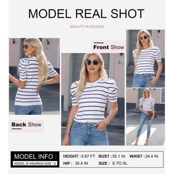 Dokotoo Women's Short Puff Sleeve Knit Tops 2024 Trendy Crewneck Striped T Shirts Casual Summer Blouses