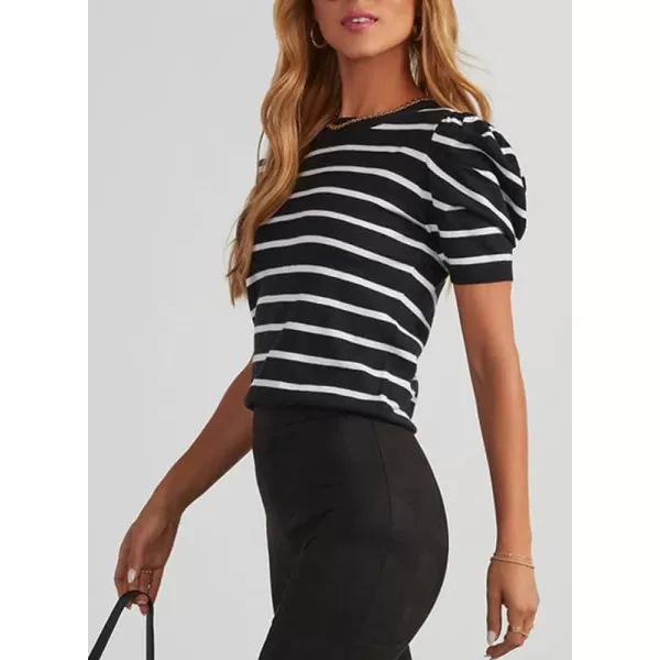 Dokotoo Women's Short Puff Sleeve Knit Tops 2024 Trendy Crewneck Striped T Shirts Casual Summer Blouses