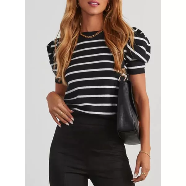 Dokotoo Women's Short Puff Sleeve Knit Tops 2024 Trendy Crewneck Striped T Shirts Casual Summer Blouses