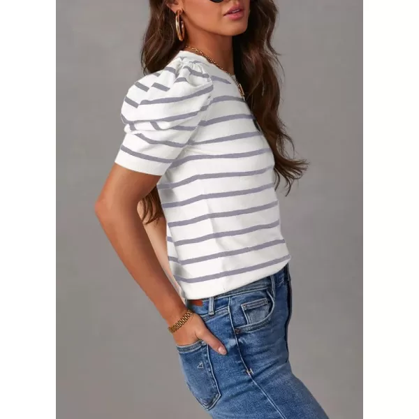 Dokotoo Women's Short Puff Sleeve Knit Tops 2024 Trendy Crewneck Striped T Shirts Casual Summer Blouses