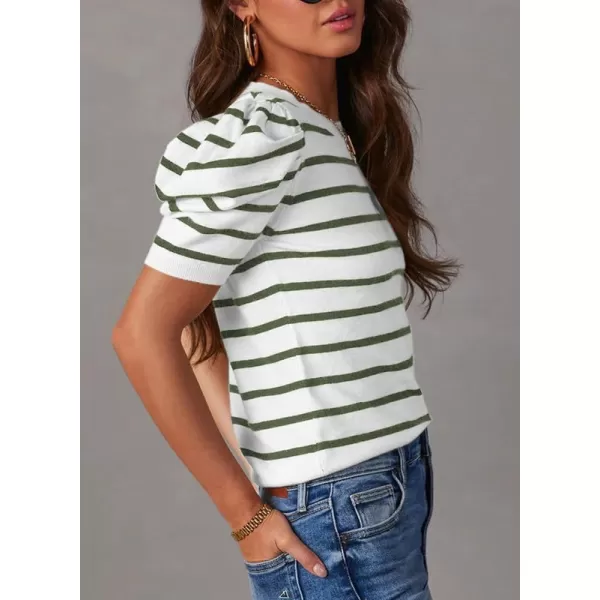 Dokotoo Women's Short Puff Sleeve Knit Tops 2024 Trendy Crewneck Striped T Shirts Casual Summer Blouses