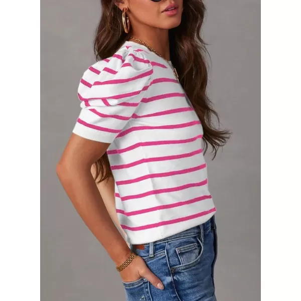 Dokotoo Women's Short Puff Sleeve Knit Tops 2024 Trendy Crewneck Striped T Shirts Casual Summer Blouses