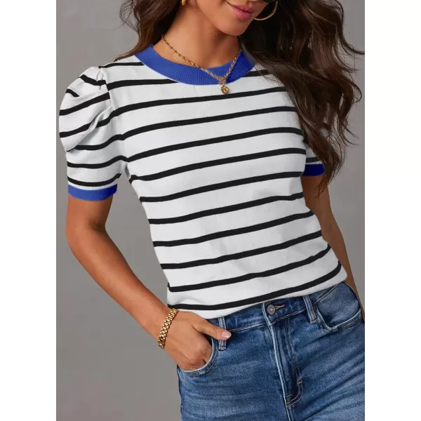 Dokotoo Women's Short Puff Sleeve Knit Tops 2024 Trendy Crewneck Striped T Shirts Casual Summer Blouses