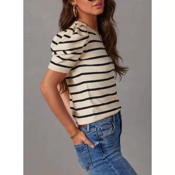 Dokotoo Women's Short Puff Sleeve Knit Tops 2024 Trendy Crewneck Striped T Shirts Casual Summer Blouses
