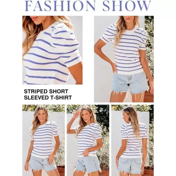 Dokotoo Women's Short Puff Sleeve Knit Tops 2024 Trendy Crewneck Striped T Shirts Casual Summer Blouses
