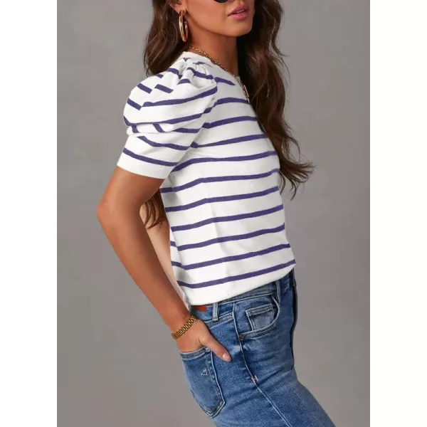 Dokotoo Women's Short Puff Sleeve Knit Tops 2024 Trendy Crewneck Striped T Shirts Casual Summer Blouses