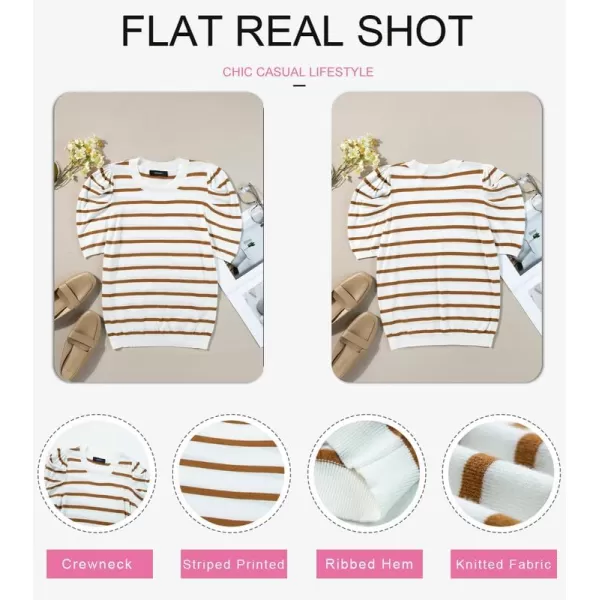 Dokotoo Women's Short Puff Sleeve Knit Tops 2024 Trendy Crewneck Striped T Shirts Casual Summer Blouses
