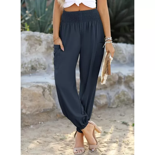 Dokotoo Womens Summer Boho Business Casual Smocked High Waisted Cargo Long Pants with Pockets