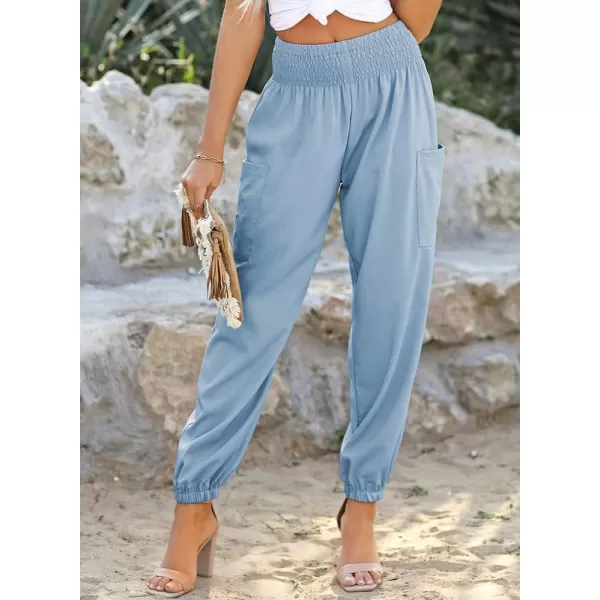 Dokotoo Womens Summer Boho Business Casual Smocked High Waisted Cargo Long Pants with Pockets