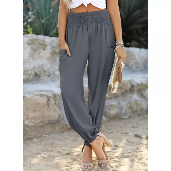 Dokotoo Womens Summer Boho Business Casual Smocked High Waisted Cargo Long Pants with Pockets