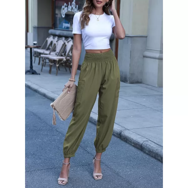 Dokotoo Womens Summer Boho Business Casual Smocked High Waisted Cargo Long Pants with Pockets