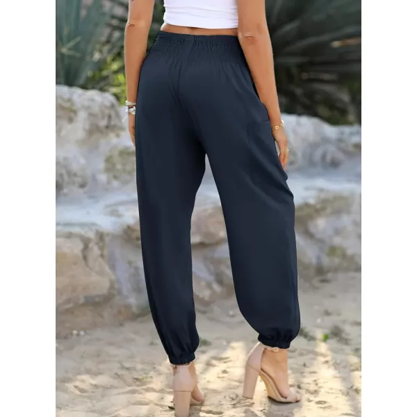 Dokotoo Womens Summer Boho Business Casual Smocked High Waisted Cargo Long Pants with Pockets