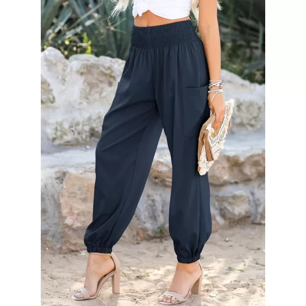 Dokotoo Womens Summer Boho Business Casual Smocked High Waisted Cargo Long Pants with Pockets