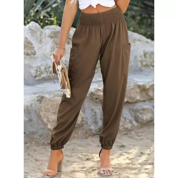 Dokotoo Womens Summer Boho Business Casual Smocked High Waisted Cargo Long Pants with Pockets