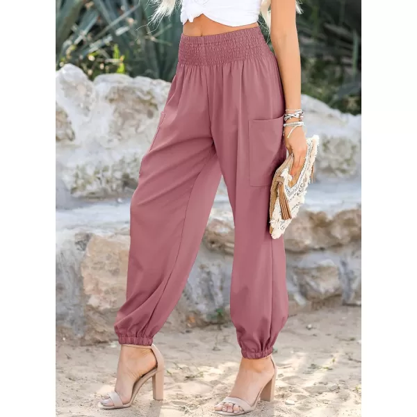 Dokotoo Womens Summer Boho Business Casual Smocked High Waisted Cargo Long Pants with Pockets