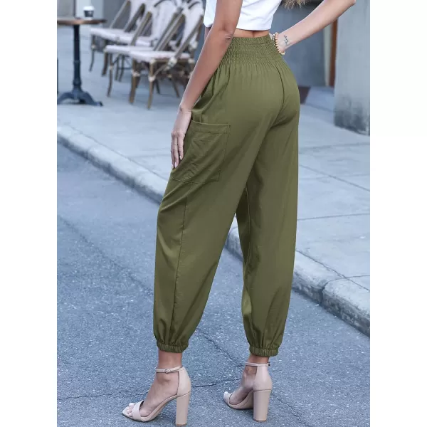 Dokotoo Womens Summer Boho Business Casual Smocked High Waisted Cargo Long Pants with Pockets