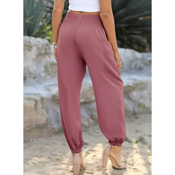 Dokotoo Womens Summer Boho Business Casual Smocked High Waisted Cargo Long Pants with Pockets