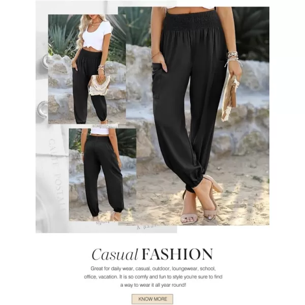 Dokotoo Womens Summer Boho Business Casual Smocked High Waisted Cargo Long Pants with Pockets
