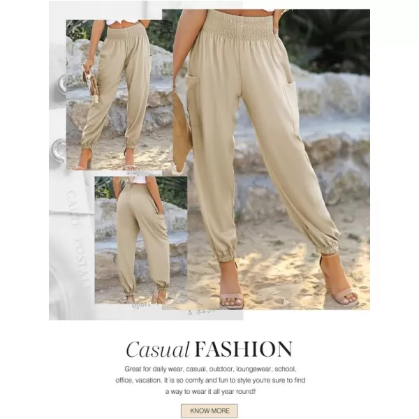Dokotoo Womens Summer Boho Business Casual Smocked High Waisted Cargo Long Pants with Pockets